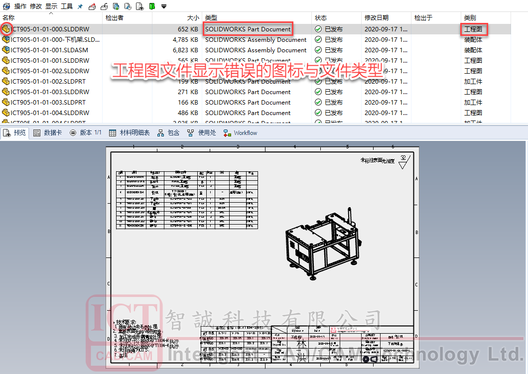 库视图中“文件类型”显示“SLDPRT文档”和错误的零件图标