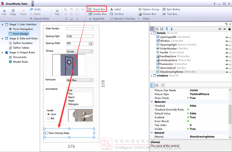 在Stage1中添加CheckBox 命名为Show Drawing Notes