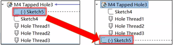 SOLIDWORKS设计树中孔向导特征位置草图编辑打开之后移动到特征之外